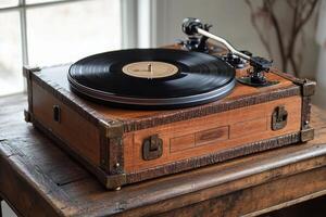 A wooden record player sitting on top of a table photo