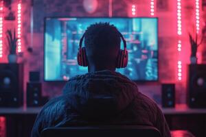 A man wearing headphones is watching a game on a television photo