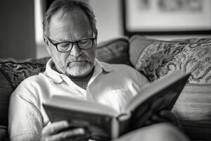 An older man with glasses reading a book photo
