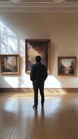 A man standing in front of paintings in an art gallery photo