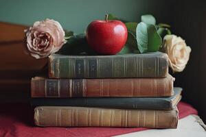 An apple sits on top of a stack of books photo