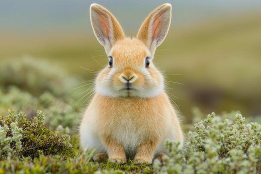 A small rabbit sitting in the grass photo