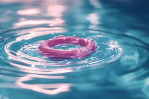 A pink ring floating in water with blue water photo