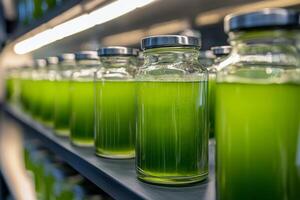 Green liquid in glass bottles on a shelf photo