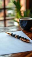 Pen and paper on wooden table with coffee cup photo