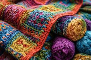 Colorful crochet blanket with yarn photo