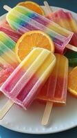 A plate of colorful popsicles on a white plate photo