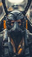 A man in a military uniform and gas mask photo