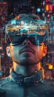 A man wearing a virtual reality headset photo