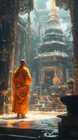 A monk in orange robes standing in front of a temple photo