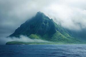 A large mountain with clouds over it photo