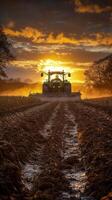 A tractor plowing a field at sunset photo