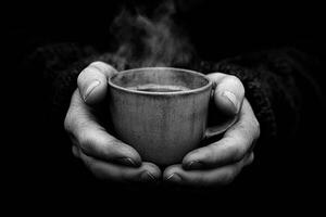 A black and white photo of a person holding a cup of coffee