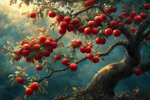 A painting of an apple tree with red apples on it photo