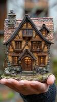 A person holding a miniature house in their hand photo