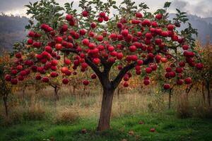 An apple tree with many red apples on it photo