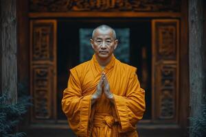 A monk in orange robes standing in front of a doorway photo