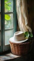 White hat on window sill photo