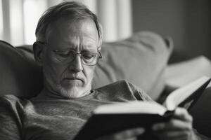A man with glasses reading a book photo