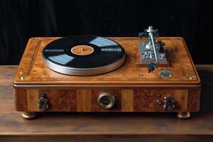 A wooden turntable with a record player on top photo