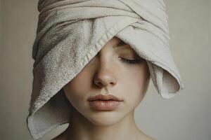 A woman with a towel over her head photo