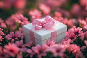 Gift box in pink flowers photo