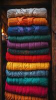A stack of colorful knitted sweaters photo