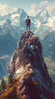 Adventurer triumphantly atop a mountain, overlooking a valley and snow-capped peaks in the distance photo
