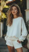 Model wearing white sweatshirt and shorts photo