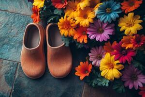 A pair of orange shoes with flowers on a stone floor photo