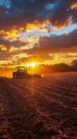 A tractor plowing a field at sunset photo
