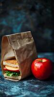 A sandwich and apple on a dark table photo