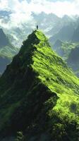 A lone person standing on top of a mountain photo