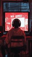 A person sitting at a computer with headphones on photo