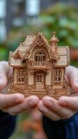 A person holding a wooden model of a house photo