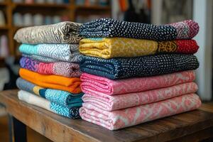 A stack of colorful blankets on a wooden table photo