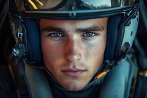 A close up of a man in a fighter jet photo