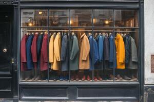 A window display of coats in a shop photo