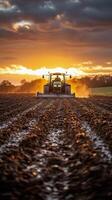 A tractor is plowing a field at sunset photo