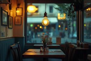A restaurant with a table and chairs in front of a window photo