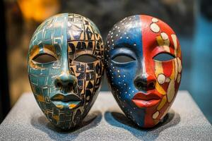 Two colorful masks are on display in a museum photo