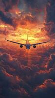 An airplane flying through the clouds at sunset photo