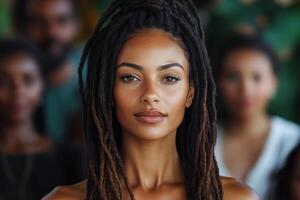 A beautiful woman with dreadlocks and a group of people photo