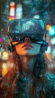 A woman wearing a virtual reality headset in the rain photo