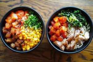 Two bowls of food with different colors of food photo