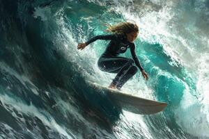 A woman riding a wave on a surfboard photo