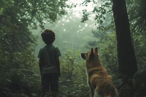 A boy and dog in the woods photo