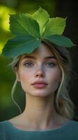 A woman with a leaf on her head photo