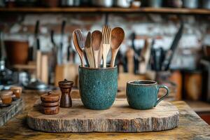 A wooden table with utensils and a mug photo