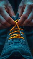 A person tying a laces on a pair of shoes photo